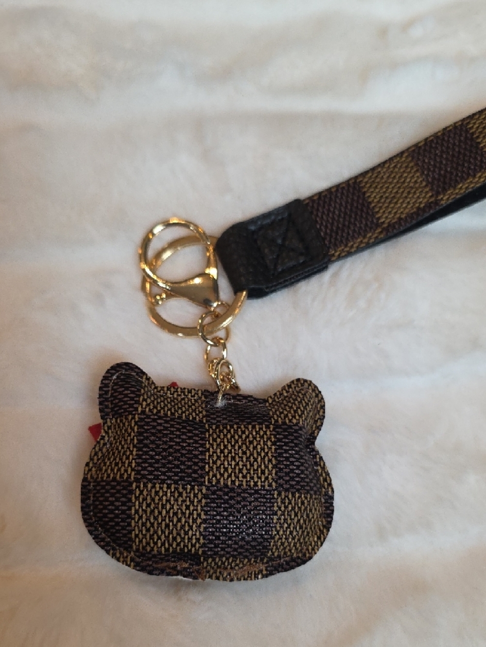 Brown Check Wristlet Keychain with Red Bow - Picture 2 of 2